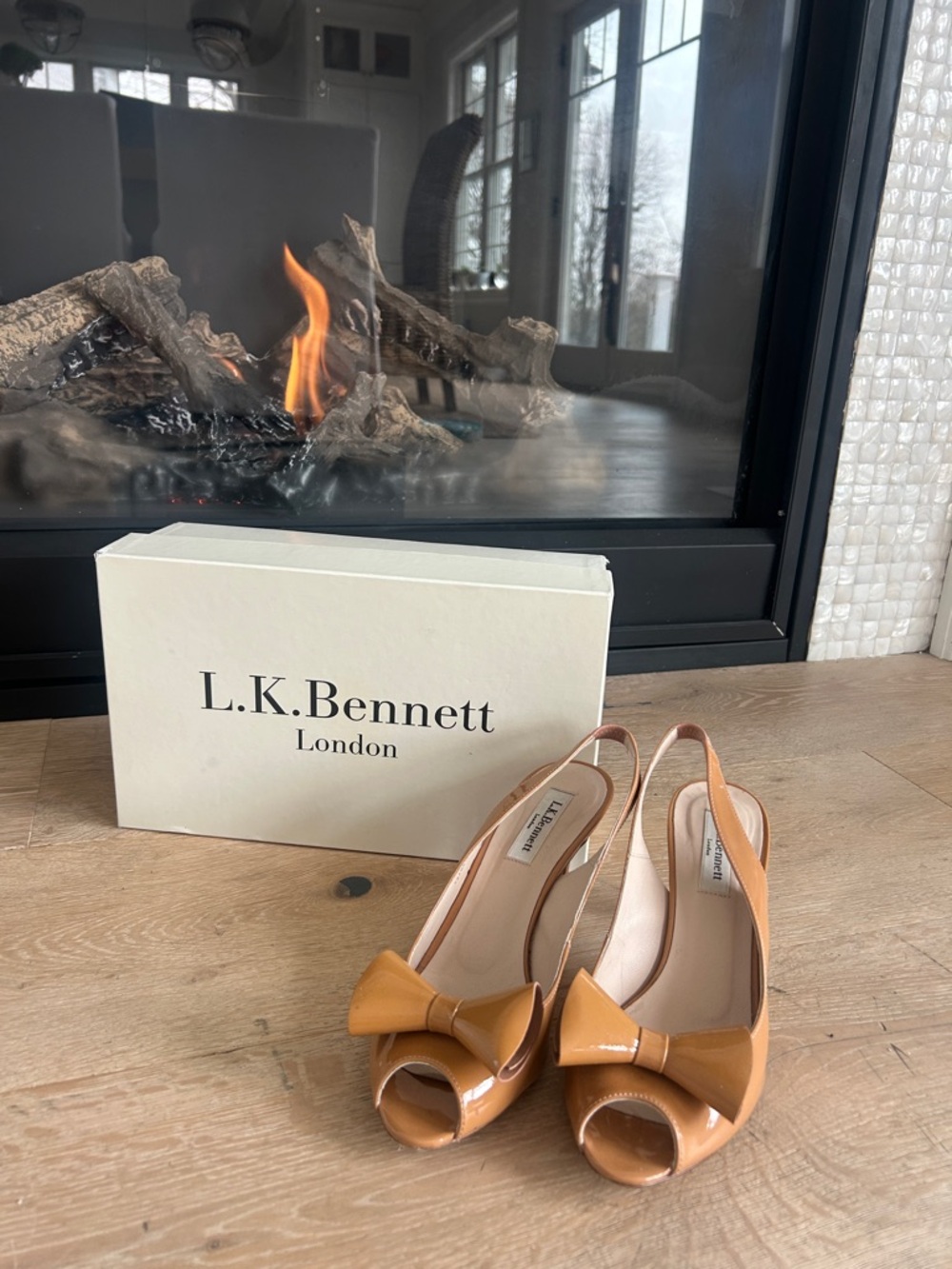 LK Bennett Tan Patent Peep-Toe Slingback Heels with Bow